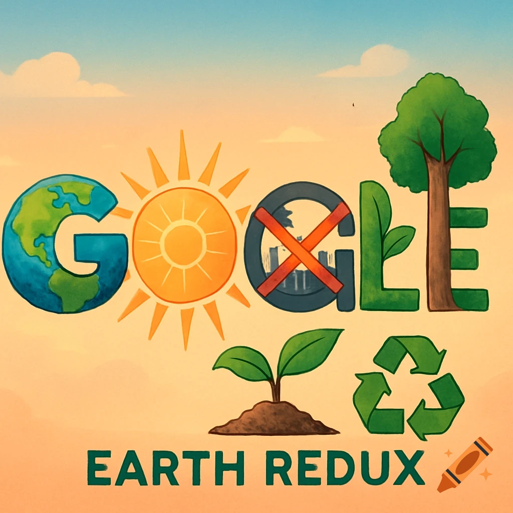 An environmental-themed Google logo with an Earth 'G', a sun 'O', a no-pollution 'O', a sprout 'G', a tree 'L', and recycling symbols 'E'. Below it, the text reads 'EARTH REDUX'.