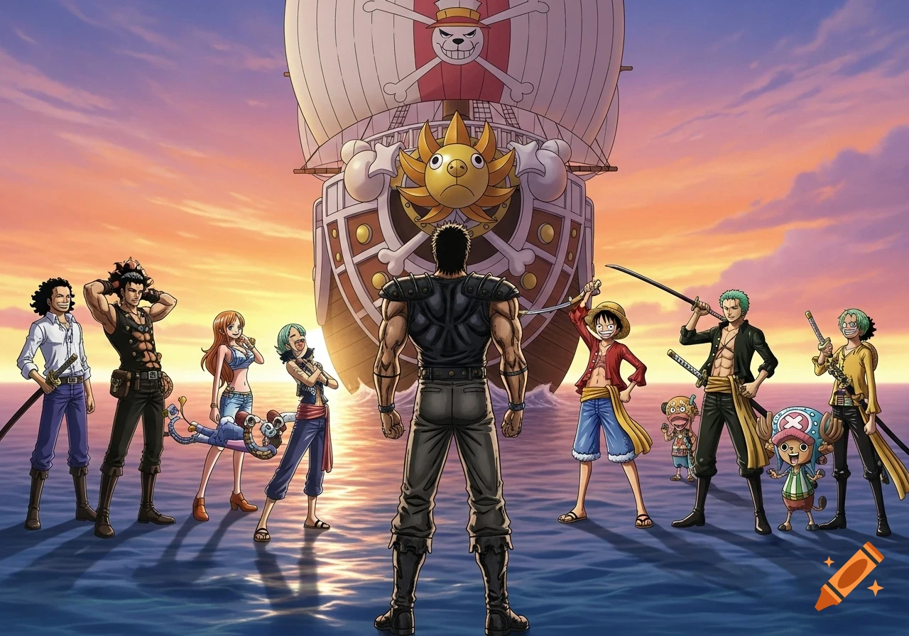 Kenshiro faces the One Piece crew, including Luffy and Zoro, on the sea at sunset with the Thousand Sunny ship in anime style.