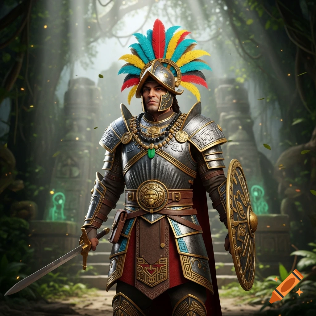 A fantasy warrior in elaborate armor with a colorful feathered helmet, holding a sword and shield, stands in ancient jungle ruins.