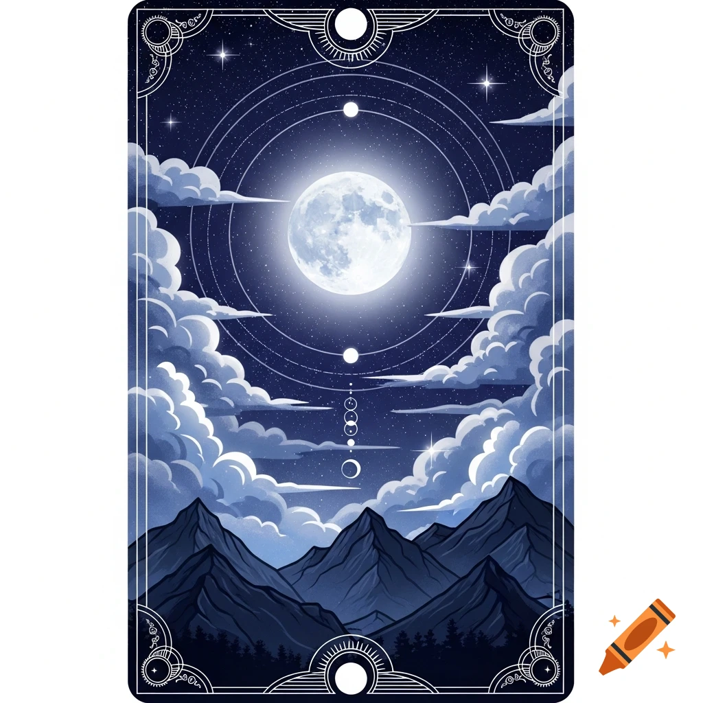 A mystical tarot card illustration showing a bright full moon in a starry night sky above cloudy mountains, with decorative borders.