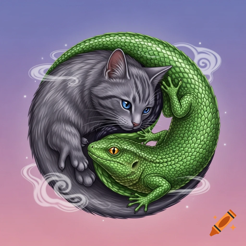 Detailed illustration of a grey cat with blue eyes and a green lizard with yellow eyes forming a yin-yang symbol.