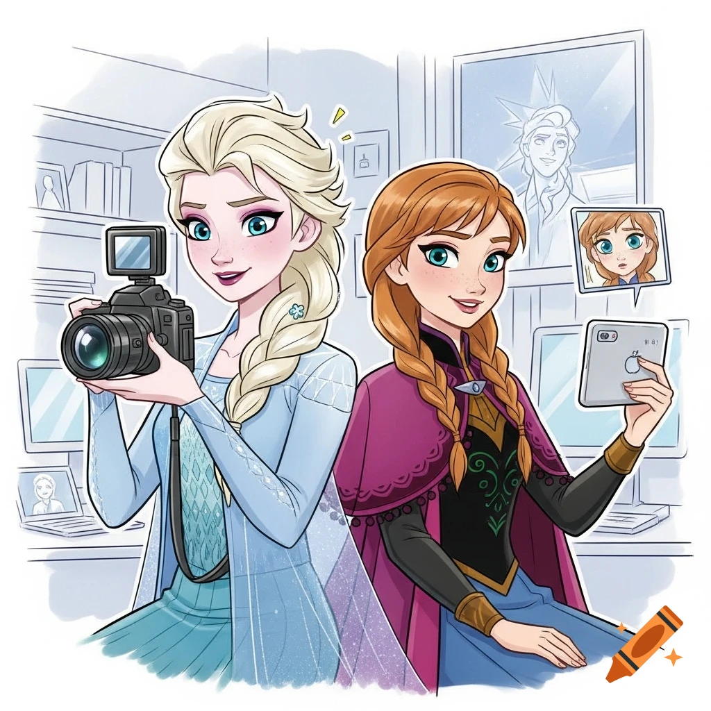 Elsa holds a camera while Anna takes a selfie with a tablet in an anime illustration, both smiling as vloggers.