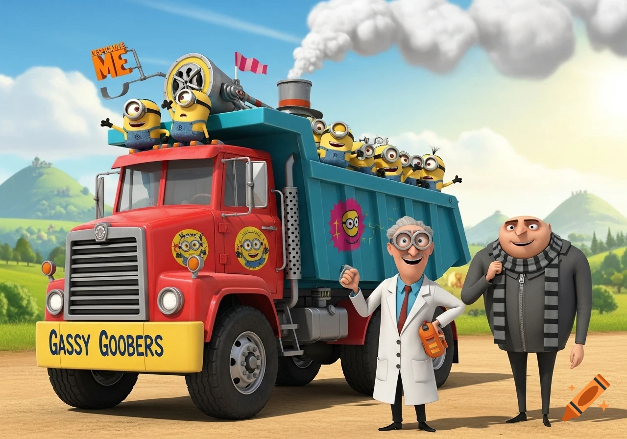Gru, Dr. Nefario, and Minions with a red 'GASSY GOOBERS' dump truck under a blue sky, in a vibrant animated style.