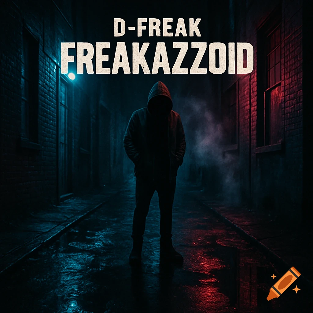 A dark, high-contrast, photorealistic rap album cover for 'Freakazzoid' by D-Freak. A hooded figure stands in a wet, neon-lit alleyway.