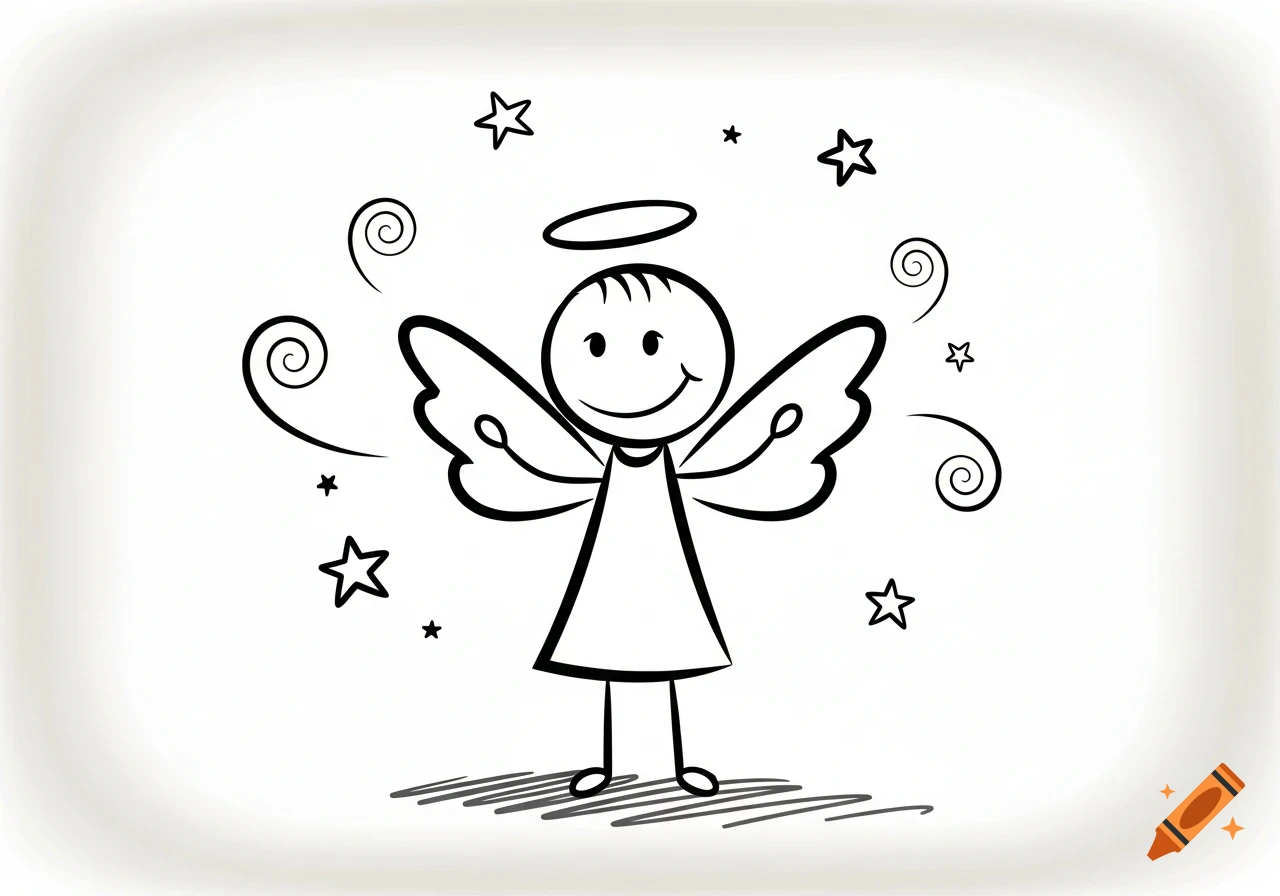 A black and white stick figure drawing of a smiling angel with a halo and wings, surrounded by stars and swirls.