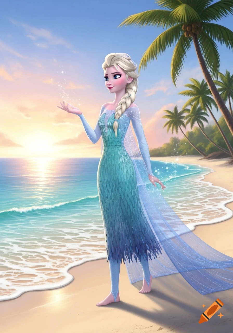 Elsa from Frozen on a tropical beach at sunset, wearing a flowing teal and blue dress, with sparkles in her hand.