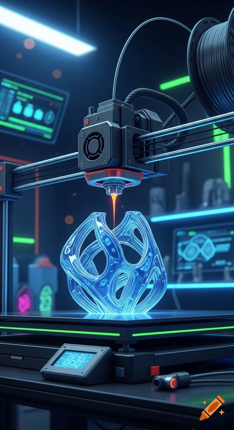 A close-up shot of a 3D printer actively printing a glowing, intricate blue geometric object in a dark, futuristic setting.