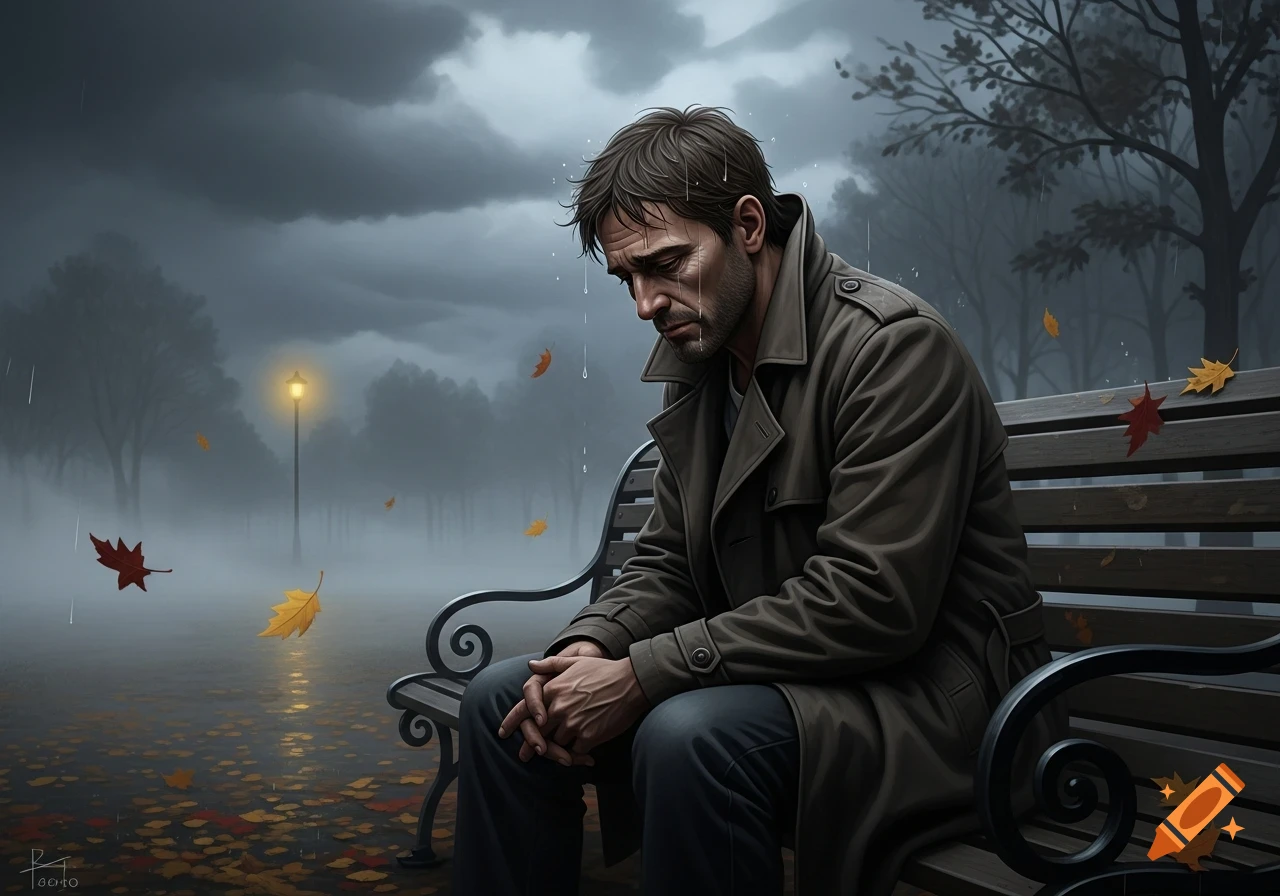 A sad man in a trench coat sits on a park bench in the rain, surrounded by autumn leaves and a misty atmosphere.