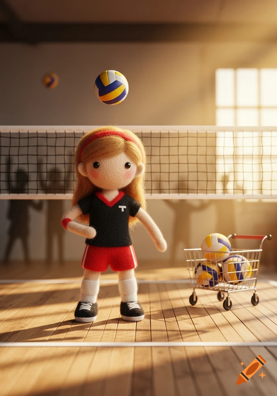 A cute felted wool doll girl in a black and red volleyball uniform power poses on a court, with a cart of volleyballs and a net.