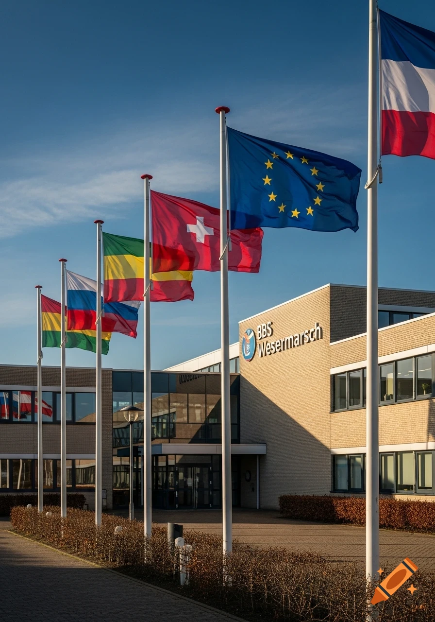 Multiple flags, including the EU flag and the Swiss flag, fly in front of a modern brick building under a clear blue sky.