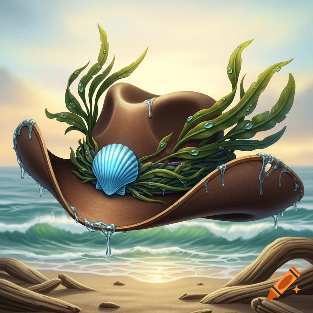 A brown cowboy hat adorned with green seaweed and a blue seashell floats over a sandy beach with ocean waves and driftwood.