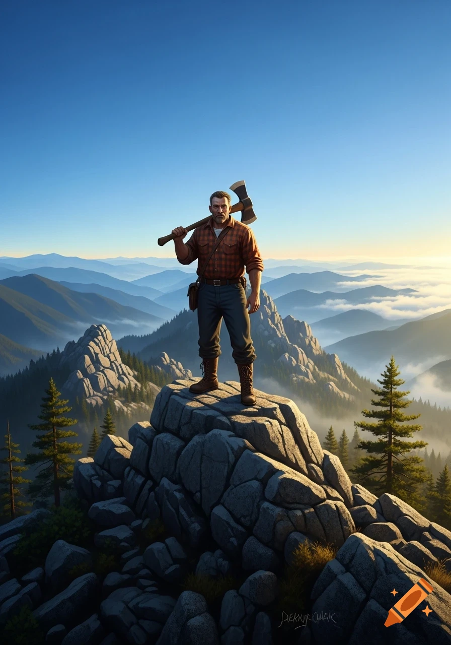A rugged man with an axe over his shoulder stands atop a rocky mountain peak, overlooking misty blue mountain ranges and a clear sky.