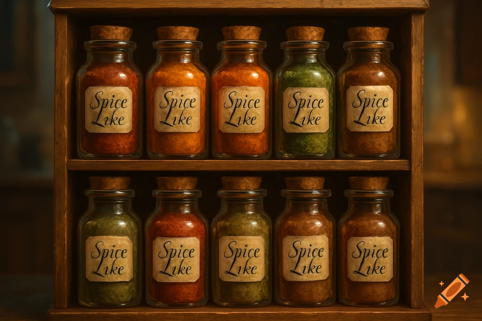 A wooden spice rack holds ten glass jars filled with various colorful spices, each labeled 'Spice Like'.