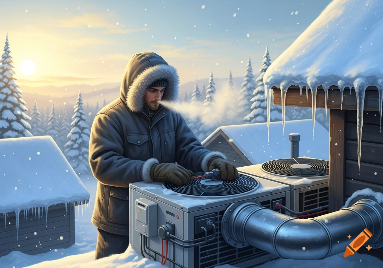 A man in a winter coat and gloves works on an outdoor heat pump unit in a snowy landscape with evergreen trees and houses.