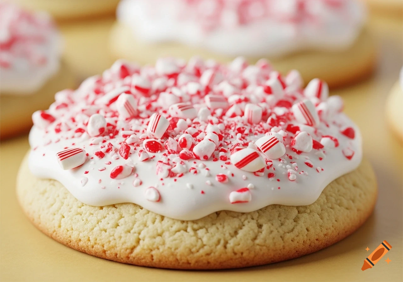 A close-up of a sugar cookie topped with white icing and a generous sprinkle of crushed red and white candy canes.