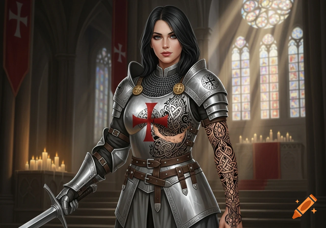 A strong female templar knight with dark hair and elaborate arm tattoos stands in a gothic church, holding a sword.