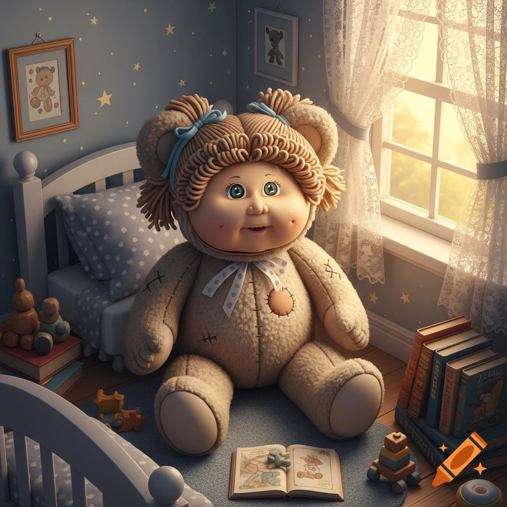 A Cabbage Patch Kid doll with a teddy bear body sits on the floor of a child's bedroom, surrounded by books and toys.