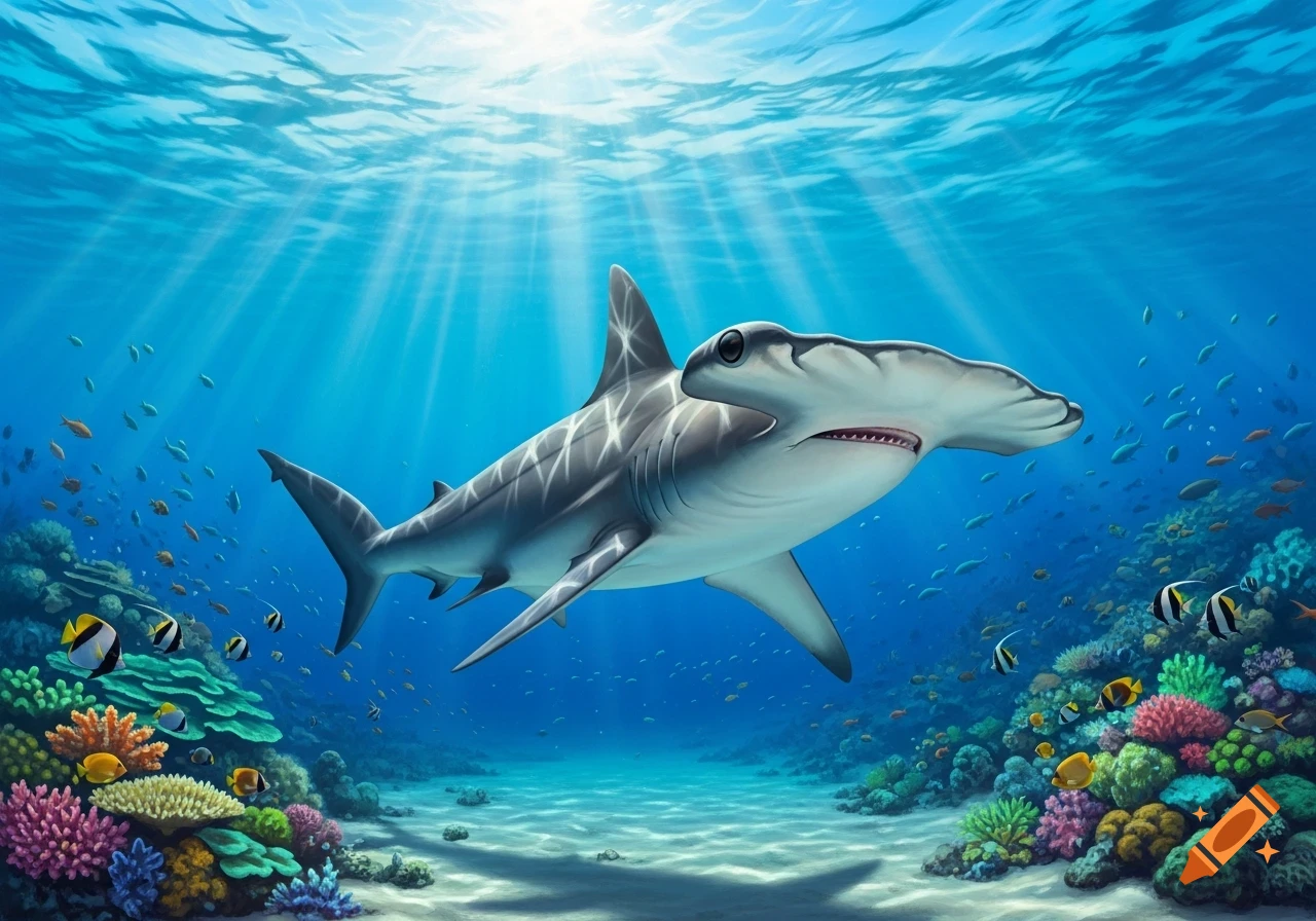 A hammerhead shark swims through a vibrant coral reef, with sun rays filtering through the blue water.