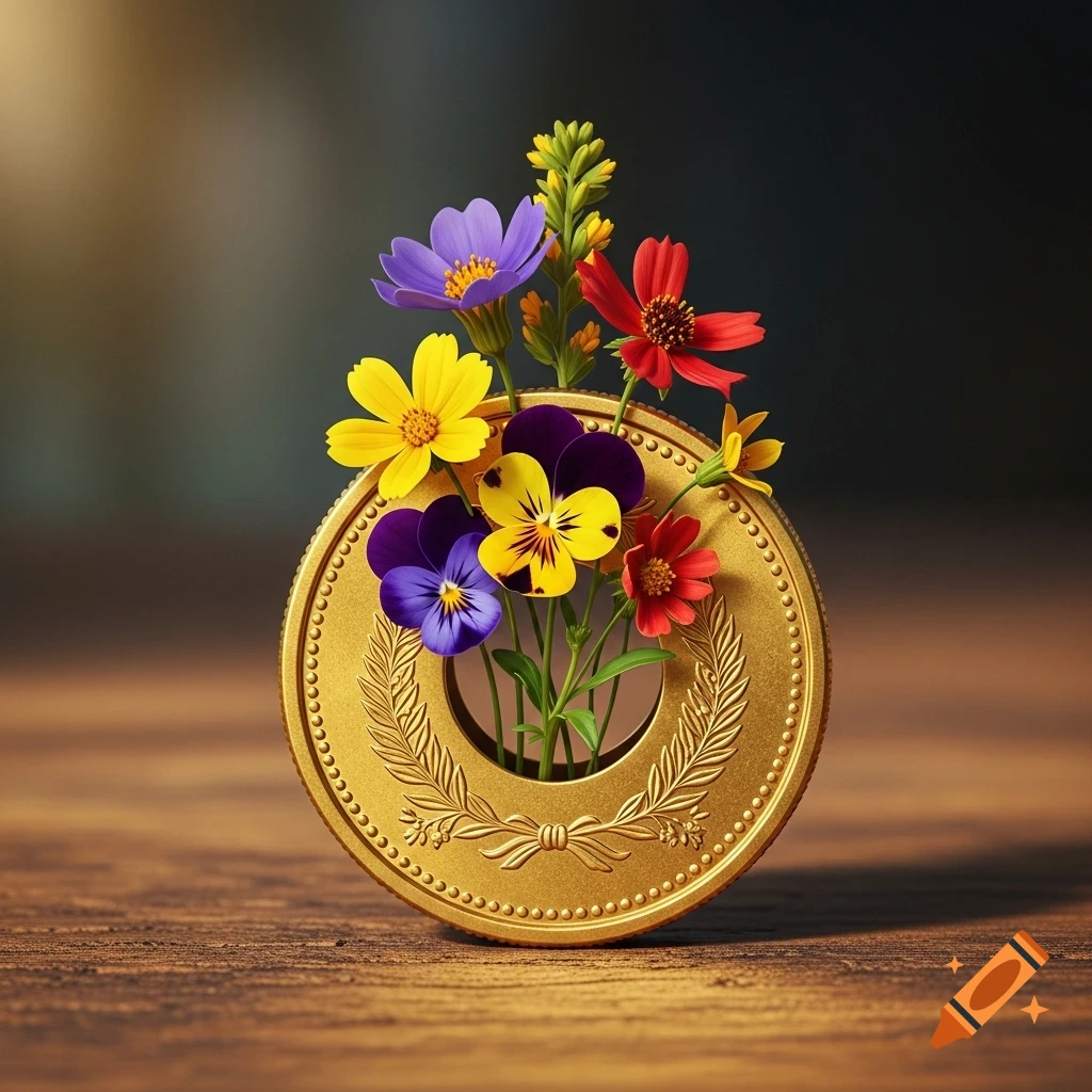 Colorful flowers grow from a hole in an ornate gold coin, resting on a wooden surface.