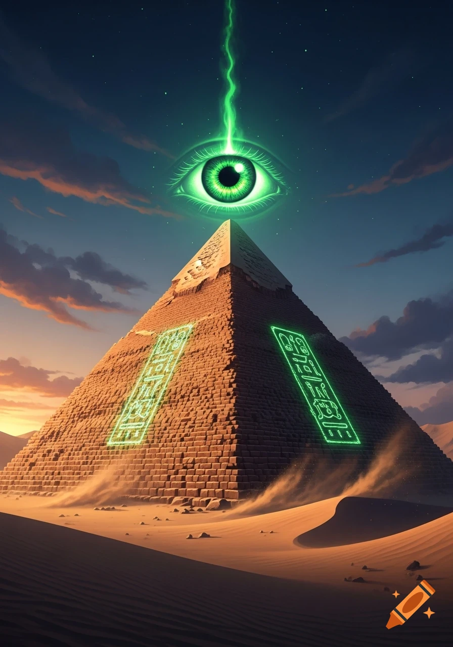 A mystical green eye floats above a brick pyramid in a vast desert landscape at dusk, with glowing green hieroglyphs on its sides.