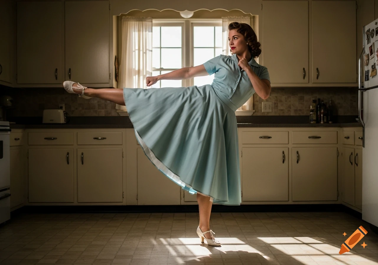 A woman in a 1950s-style dress doing a high kick in a sunlit kitchen, photorealistic.
