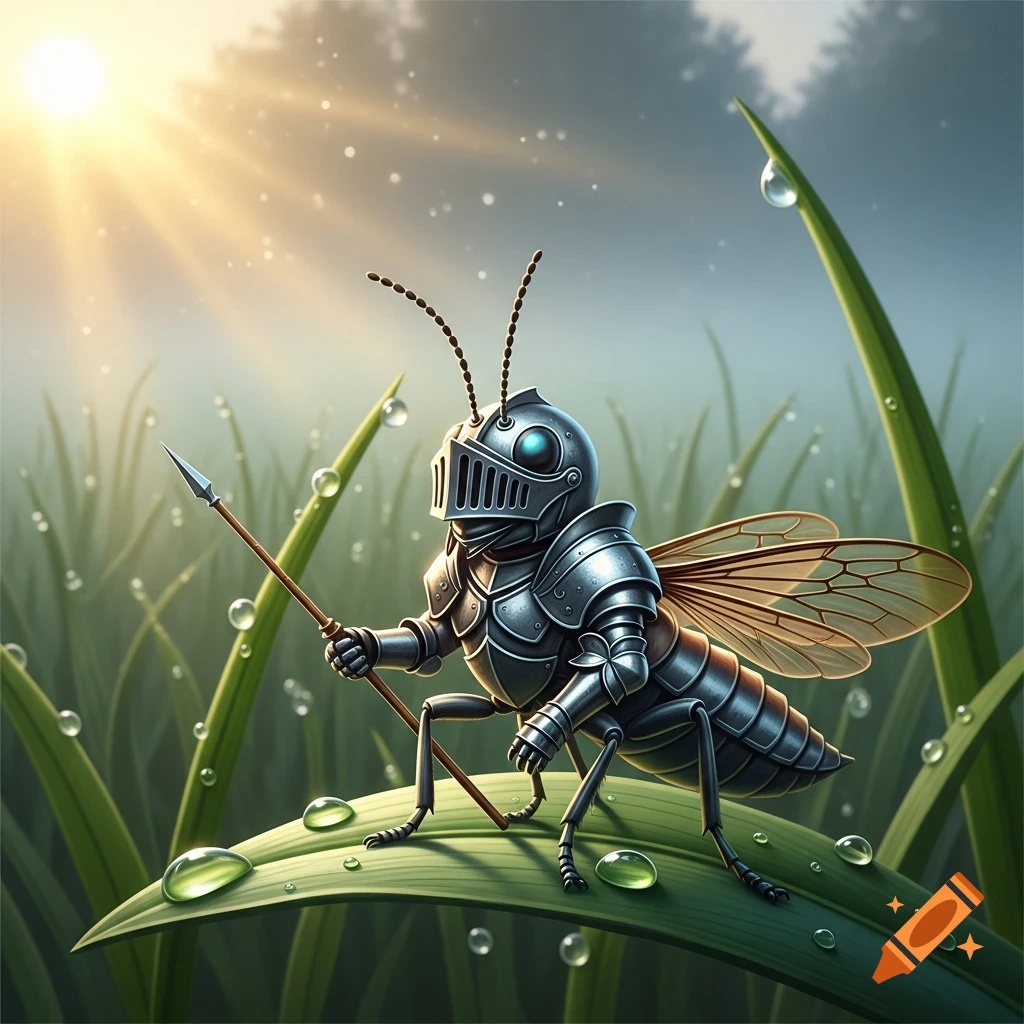 Winged Insect Wizard A whimsical illustration of an insect wearing a knight's armor and ...