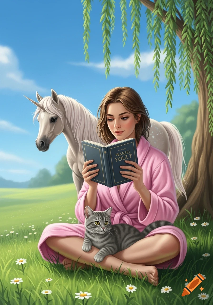 Illustrated woman in a pink robe reads a book in a sunny meadow with a cat on her lap and a unicorn.