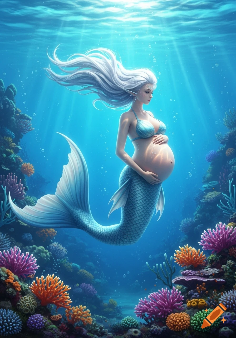 A pregnant mermaid with long white hair and a blue bikini top swims in a vibrant coral reef, holding her large belly.