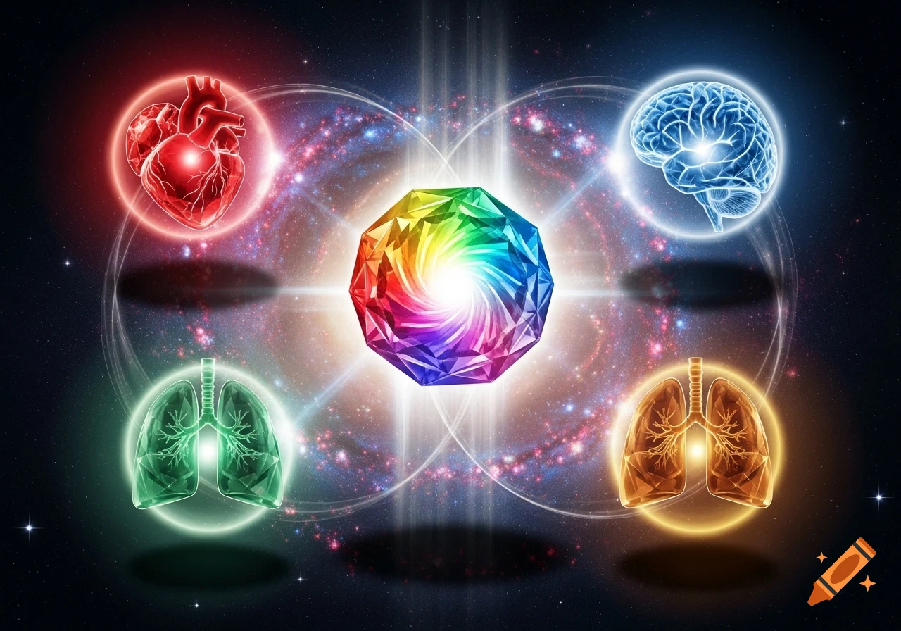 A vibrant rainbow crystal surrounded by glowing, faceted red heart, blue brain, and green and orange lungs in a starry cosmic setting.