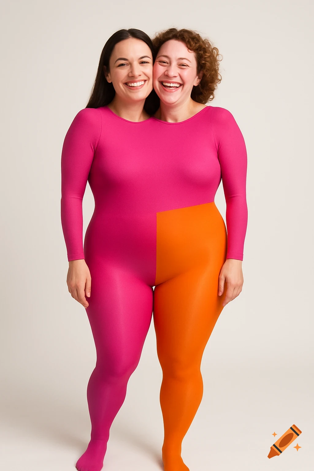 Two smiling women, fused at the torso in a two-headed illusion, wear a single half-pink, half-orange full-body suit.