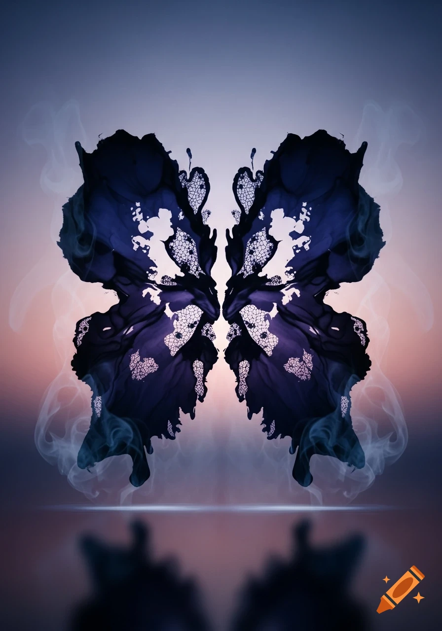 Symmetrical dark blue and white inkblot resembling a butterfly, with smoky tendrils, against a purple and orange gradient background.