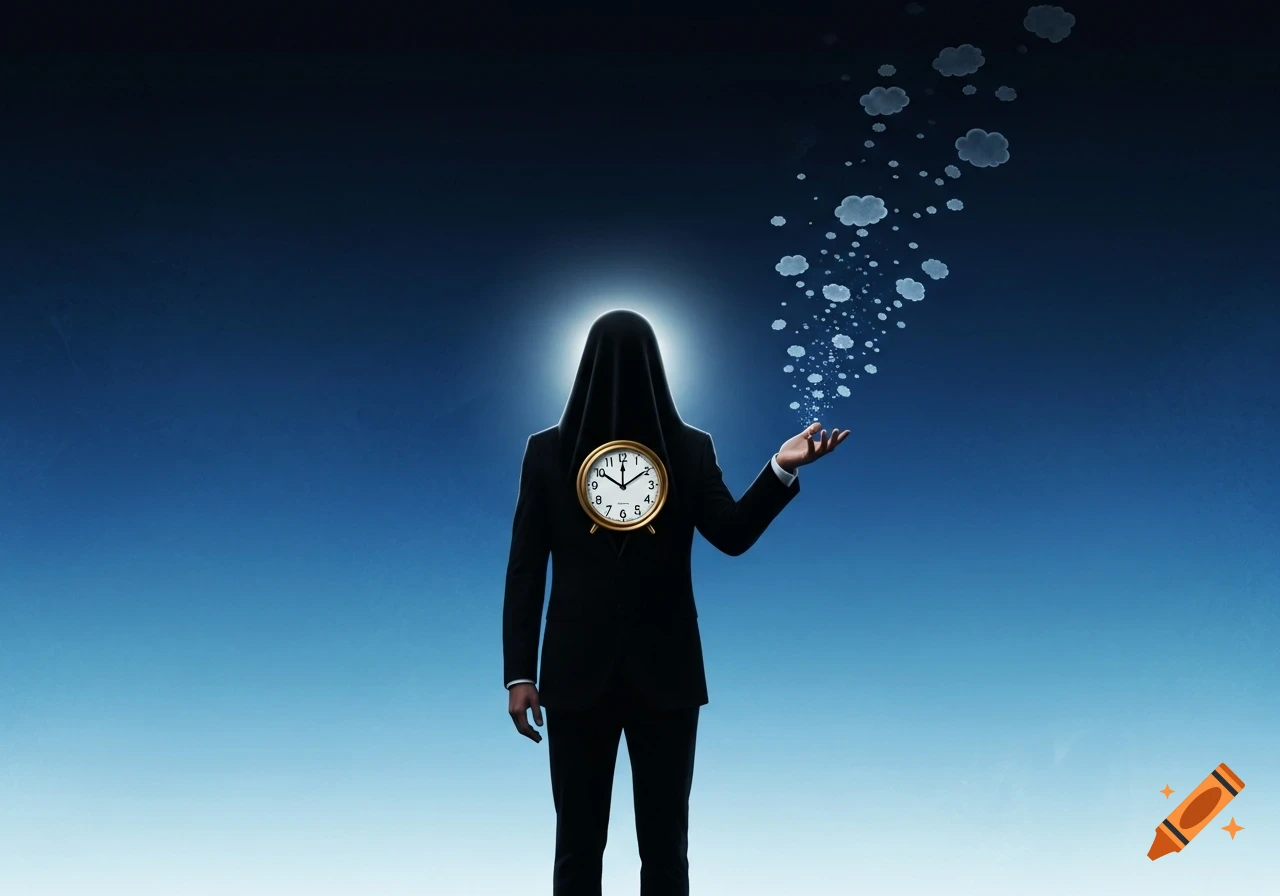 A person in a black suit with a black veil over their head and a golden clock on their chest. They raise a hand, dispelling small cloud-like thoughts against a blue gradient background.