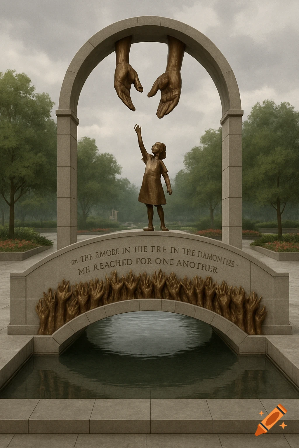Photorealistic memorial statue of a girl reaching up to large hands, with many hands on a bridge over a reflecting pool in a park.