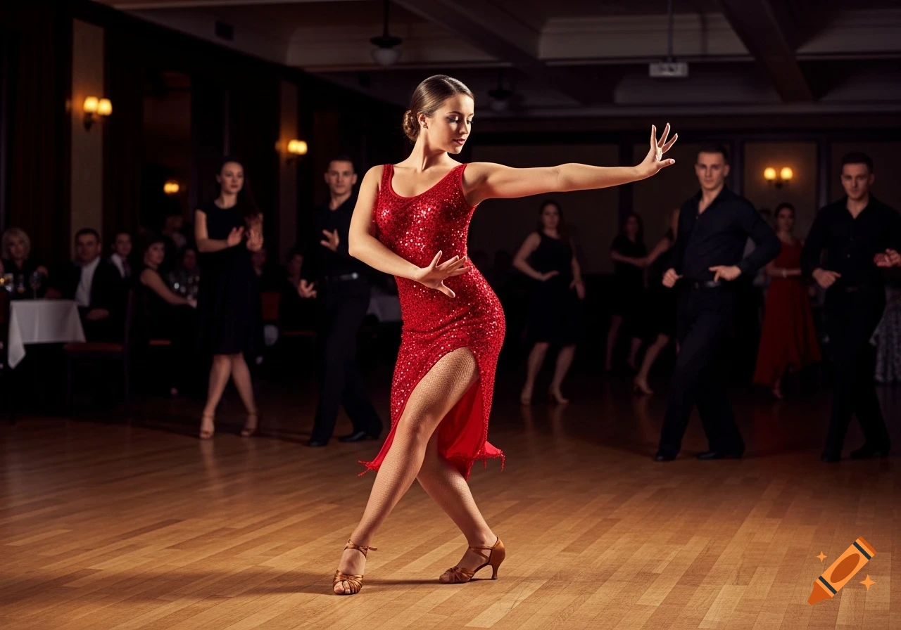 A woman in a red sequin dress dances salsa in a ballroom, with other dancers and observers in the background.