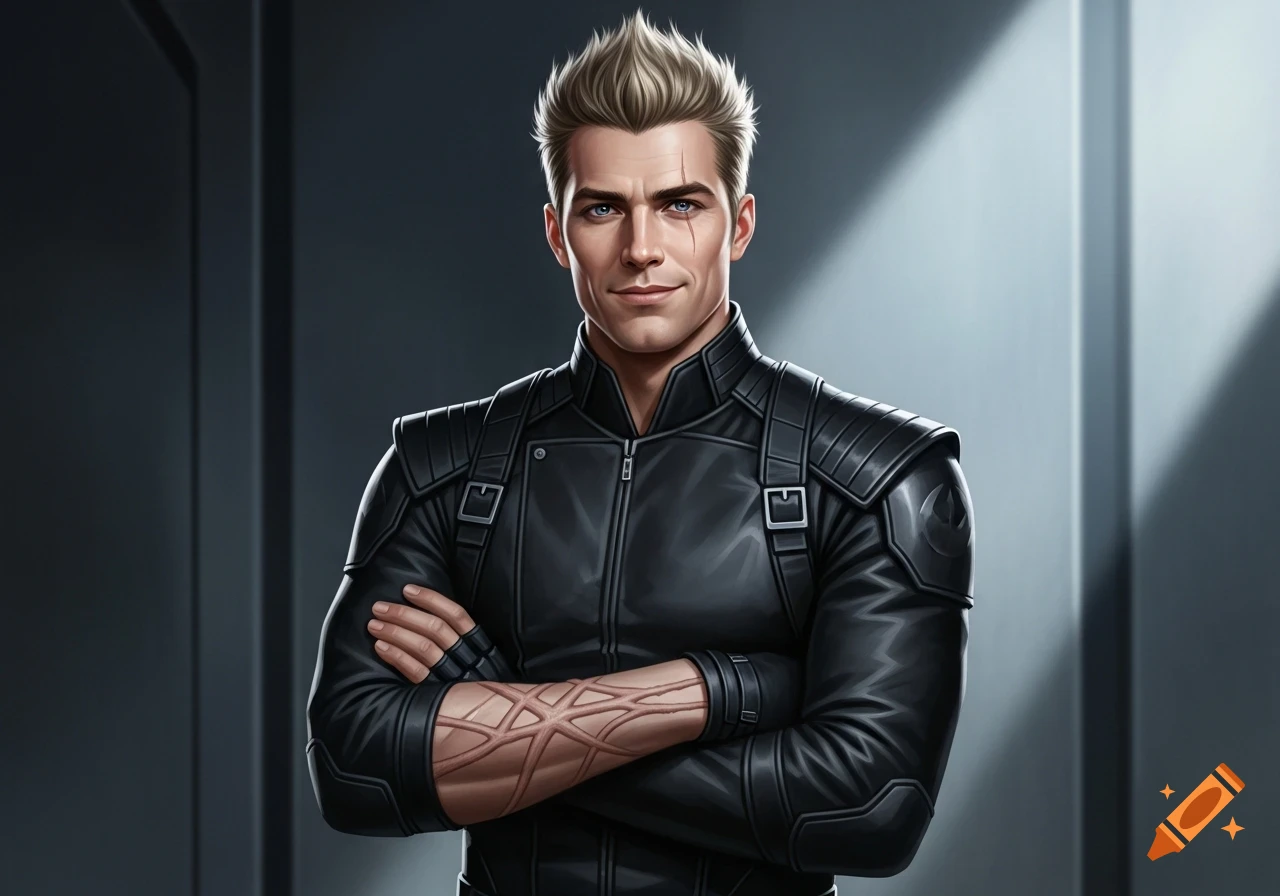 An illustrated portrait of a muscular man with blonde spiky hair, blue eyes, and facial scars, wearing a black leather combat uniform with a patterned scar/tattoo on his forearm, arms crossed.