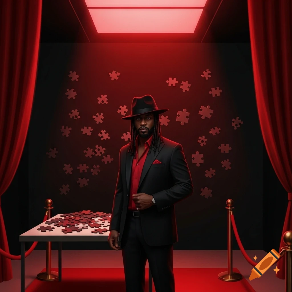 A Black man in a black suit, red shirt, and fedora stands in a red-lit museum room with jigsaw pieces on a black wall and a table.