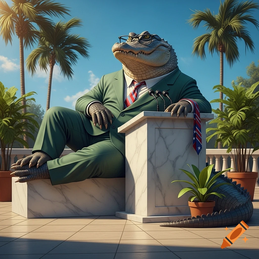 An anthropomorphic alligator in a green suit and glasses sits behind a marble podium outdoors under a sunny sky with palm trees.