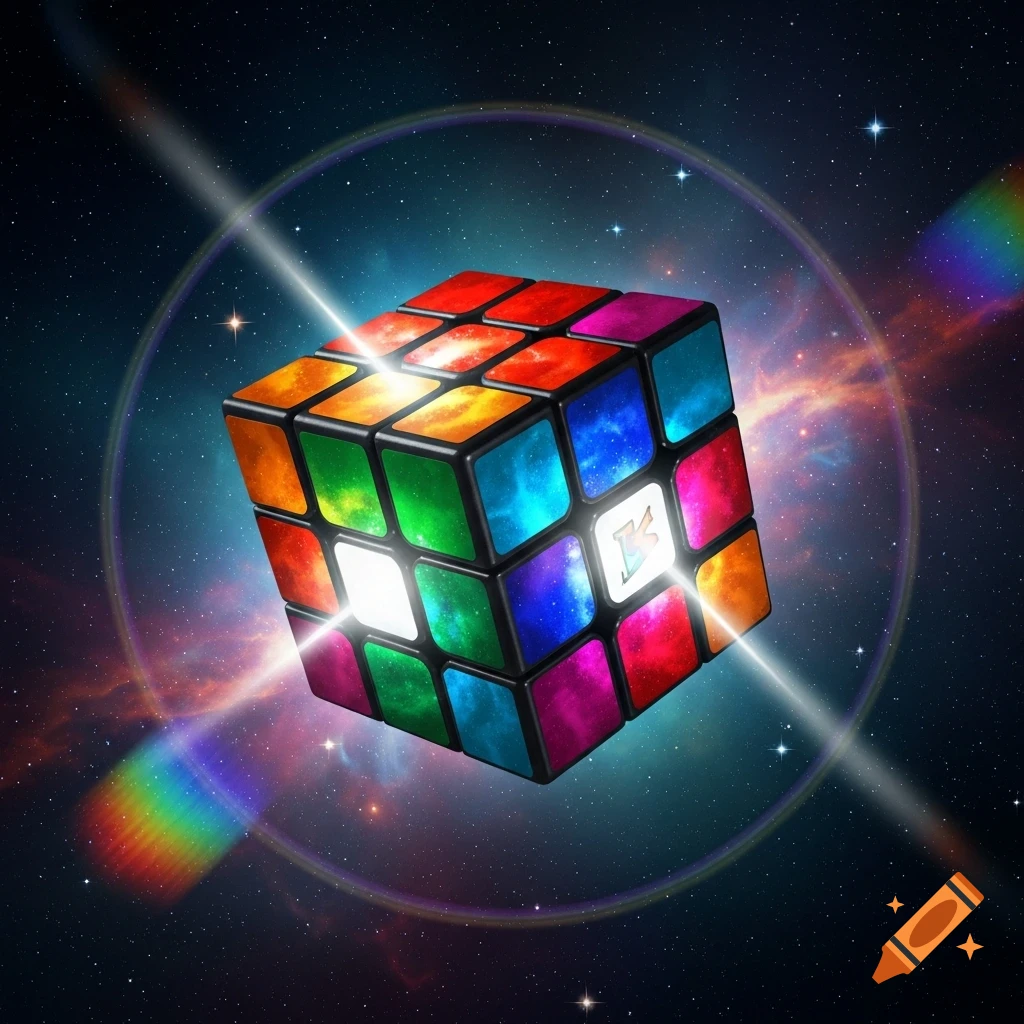 A colorful, glowing Rubik's cube with a 'K' symbol on one face floats in deep space, surrounded by stars and nebulae.