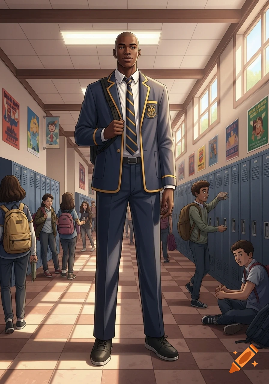 Illustrated scene of a bald Black male student in a school uniform standing confidently in a bustling school hallway.