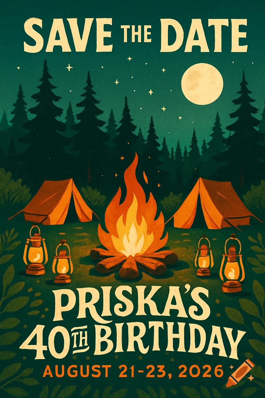 Graphic art save-the-date for Priska's 40th birthday camping weekend, featuring a campfire, two tents, forest, and a full moon.