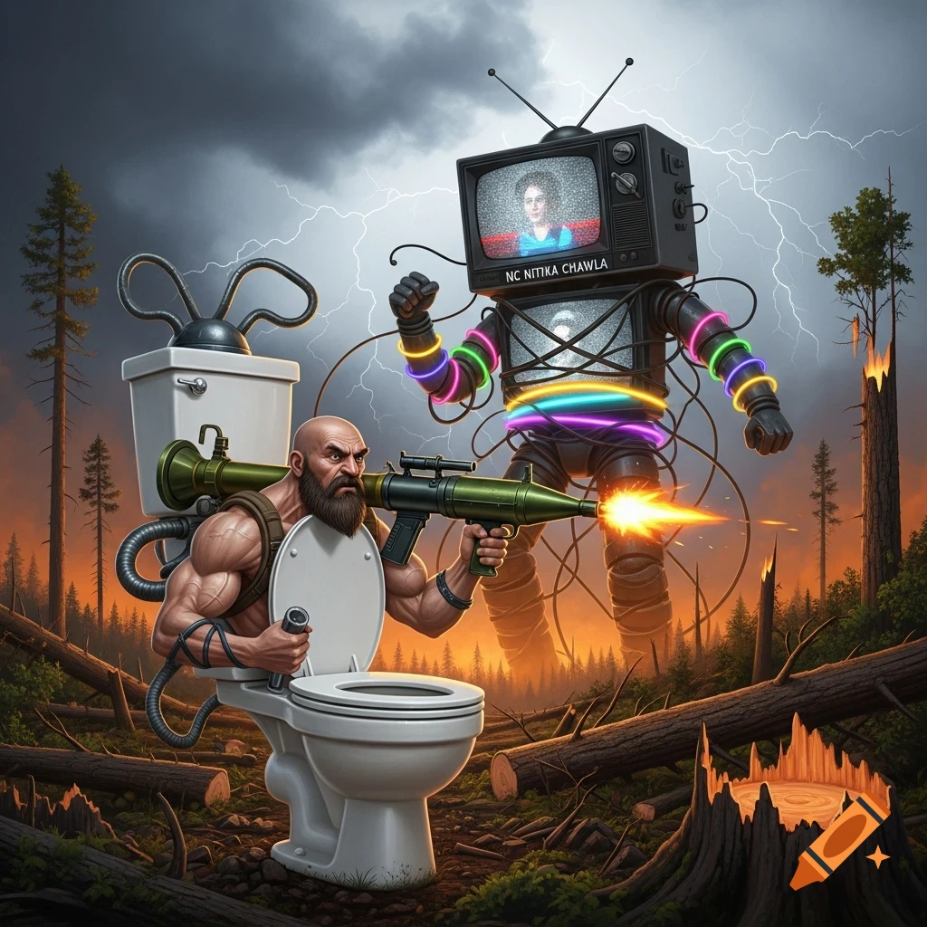 A bearded man attached to a toilet fires an RPG at a giant TV-headed robot in a deforested, stormy landscape, cartoon style.