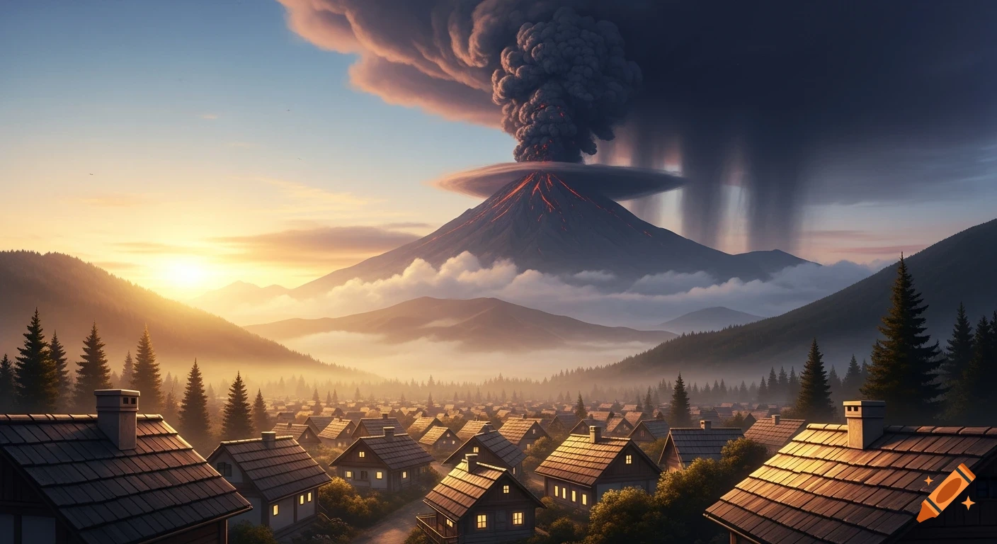 Photorealistic village at sunrise with a dramatic volcanic eruption, dark smoke, ash, and rain falling over distant mountains.