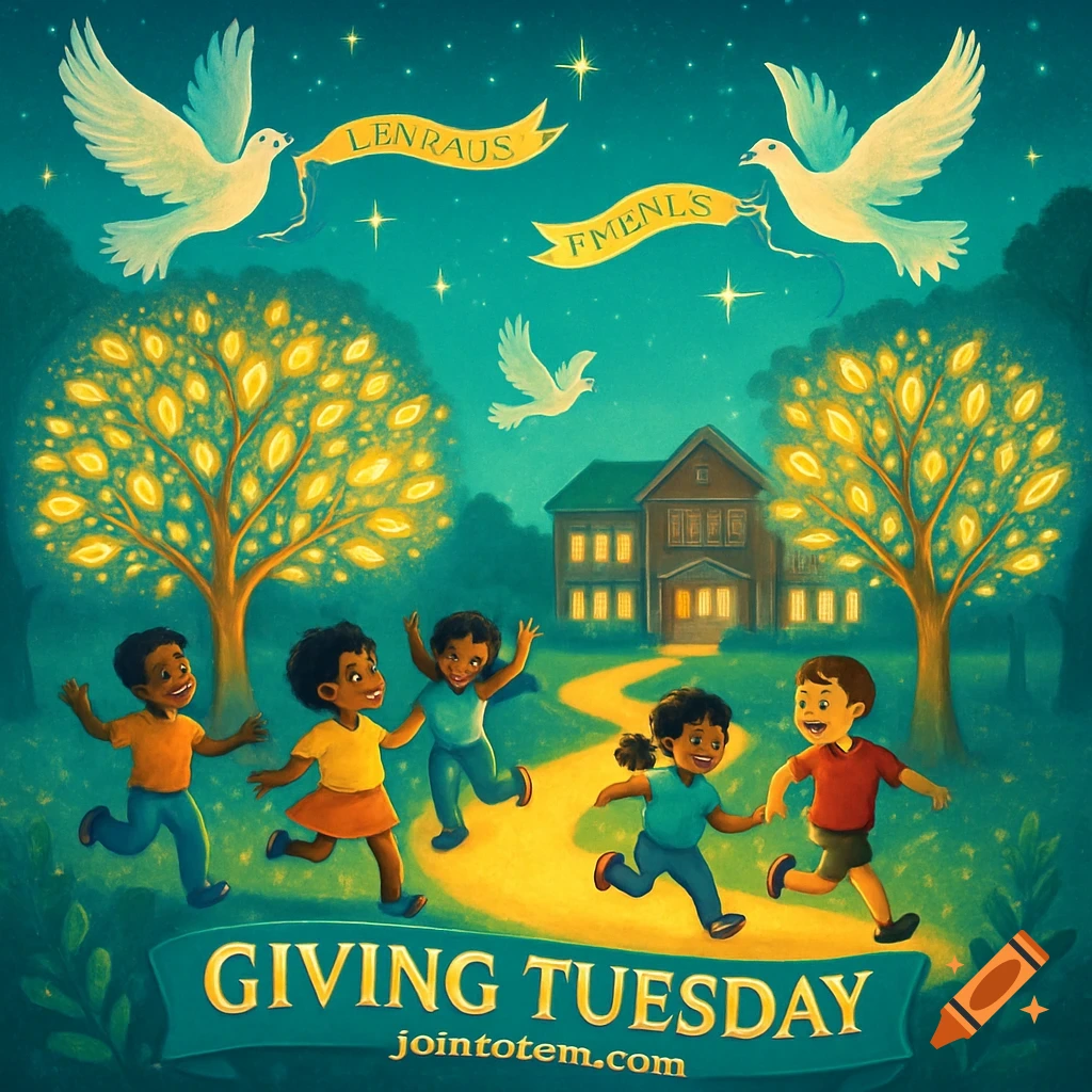 An illustration of five diverse children running along a path towards a house under a starry sky. Two luminous trees flank the house, while doves with banners fly overhead. The text "GIVING TUESDAY" is at the bottom, with "jointotem.com" below it.