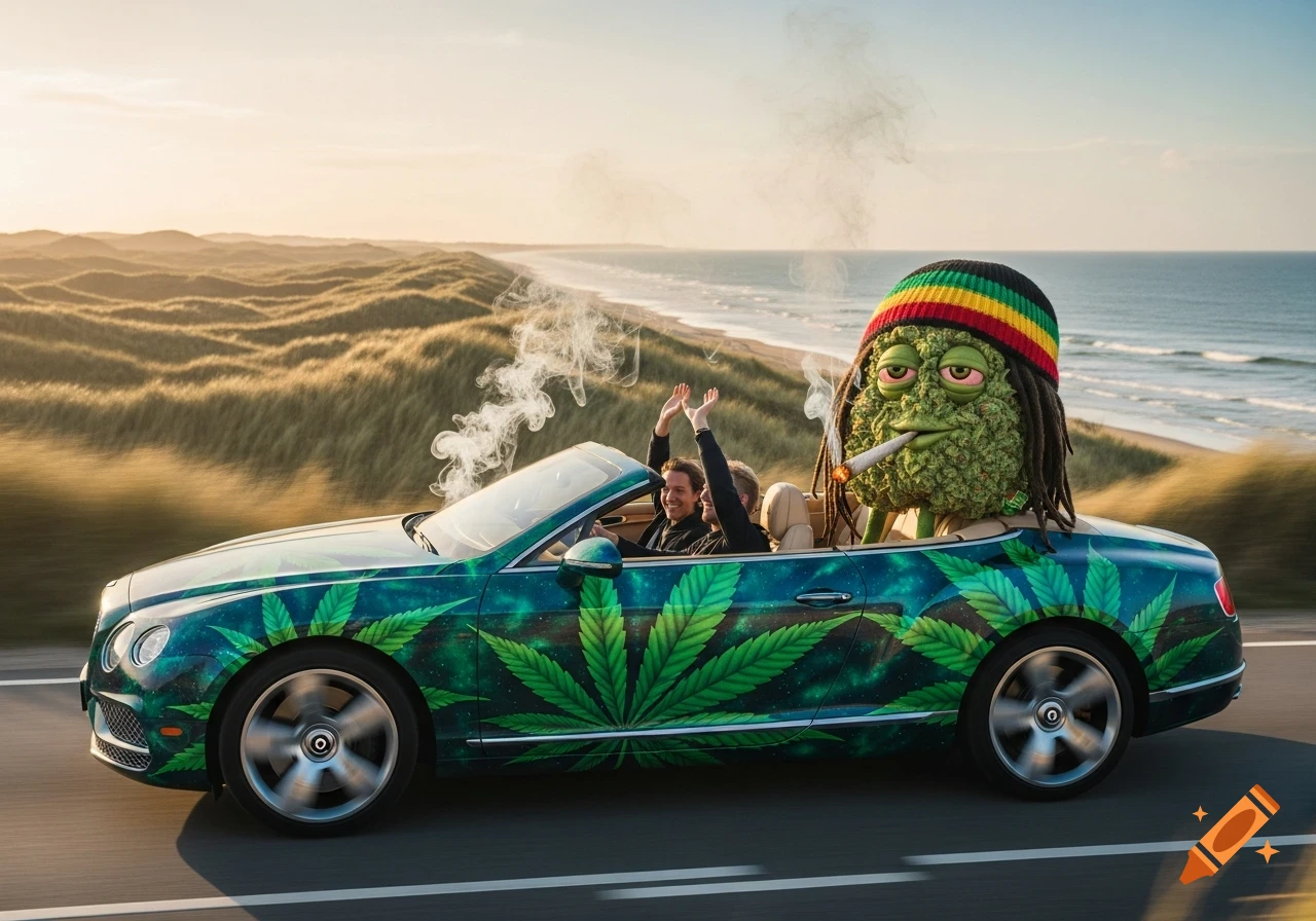 A custom Bentley with cannabis leaf decals drives along a coastal road. Two men cheer in the front, while a person and a large, anthropomorphic marijuana bud with a Rasta hat smoke joints in the back.