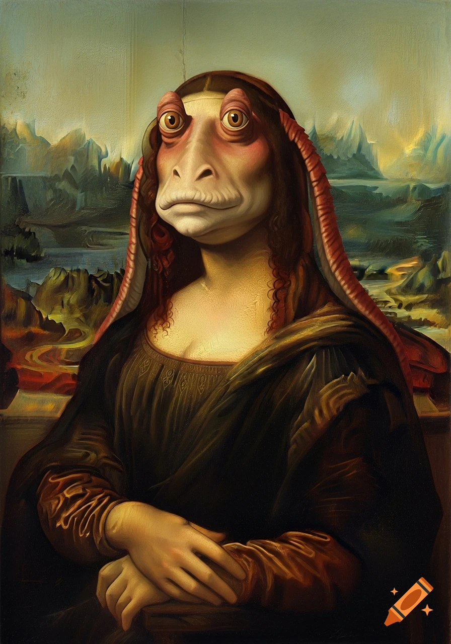 Jar Jar Binks' head on the Mona Lisa's body, painted in a classical style.