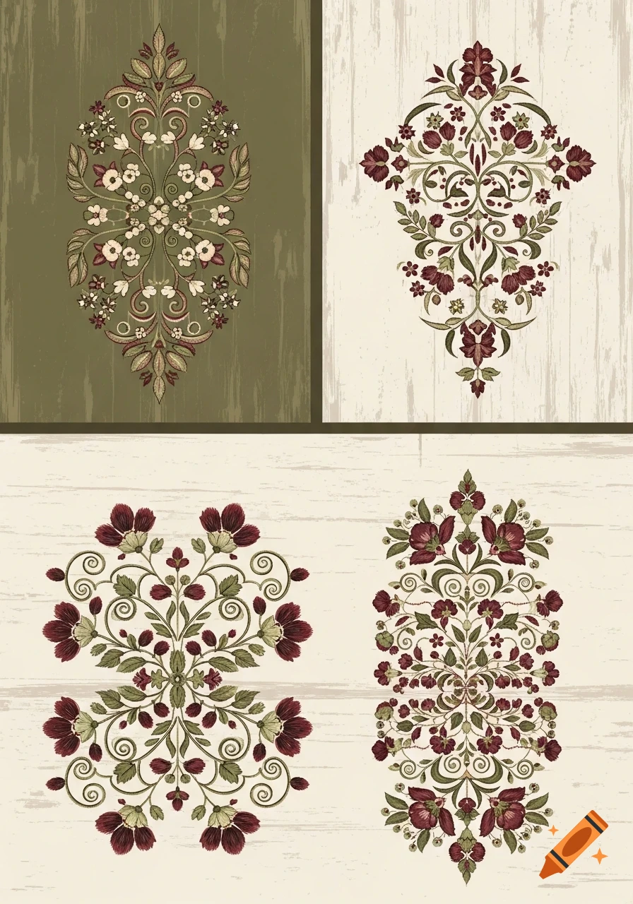 Four ornate, symmetrical floral patterns in a vintage style, featuring maroon, green, and cream on distressed backgrounds.