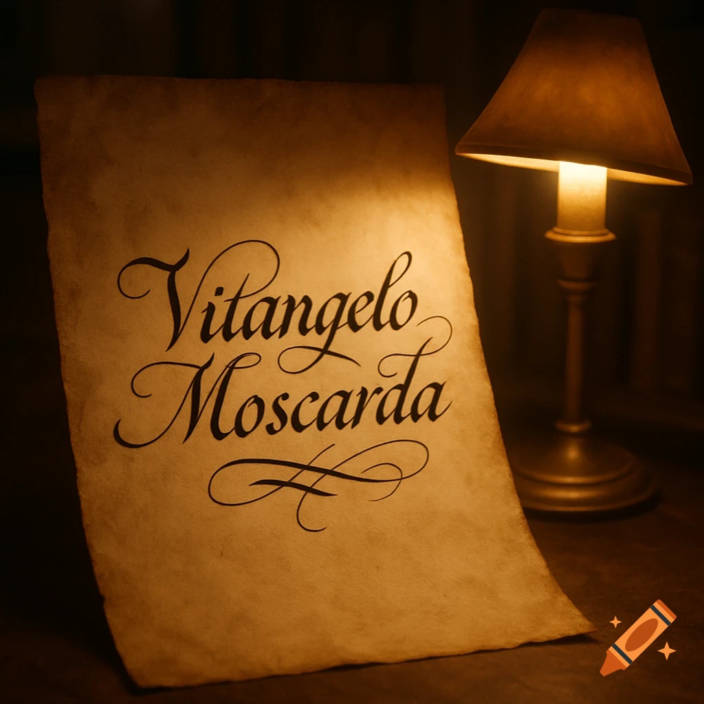Calligraphic text 'Vitangelo Moscarda' on a scroll of aged paper, illuminated by a warm desk lamp.
