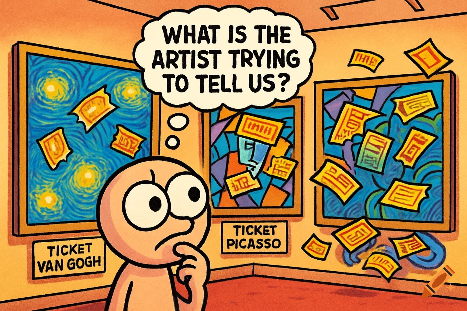A cartoon man in an art gallery pondering three paintings, labeled 'Ticket Van Gogh' and 'Ticket Picasso,' which depict swirling and cubist arrangements of tickets, with a thought bubble stating, 'WHAT IS THE ARTIST TRYING TO TELL US?'