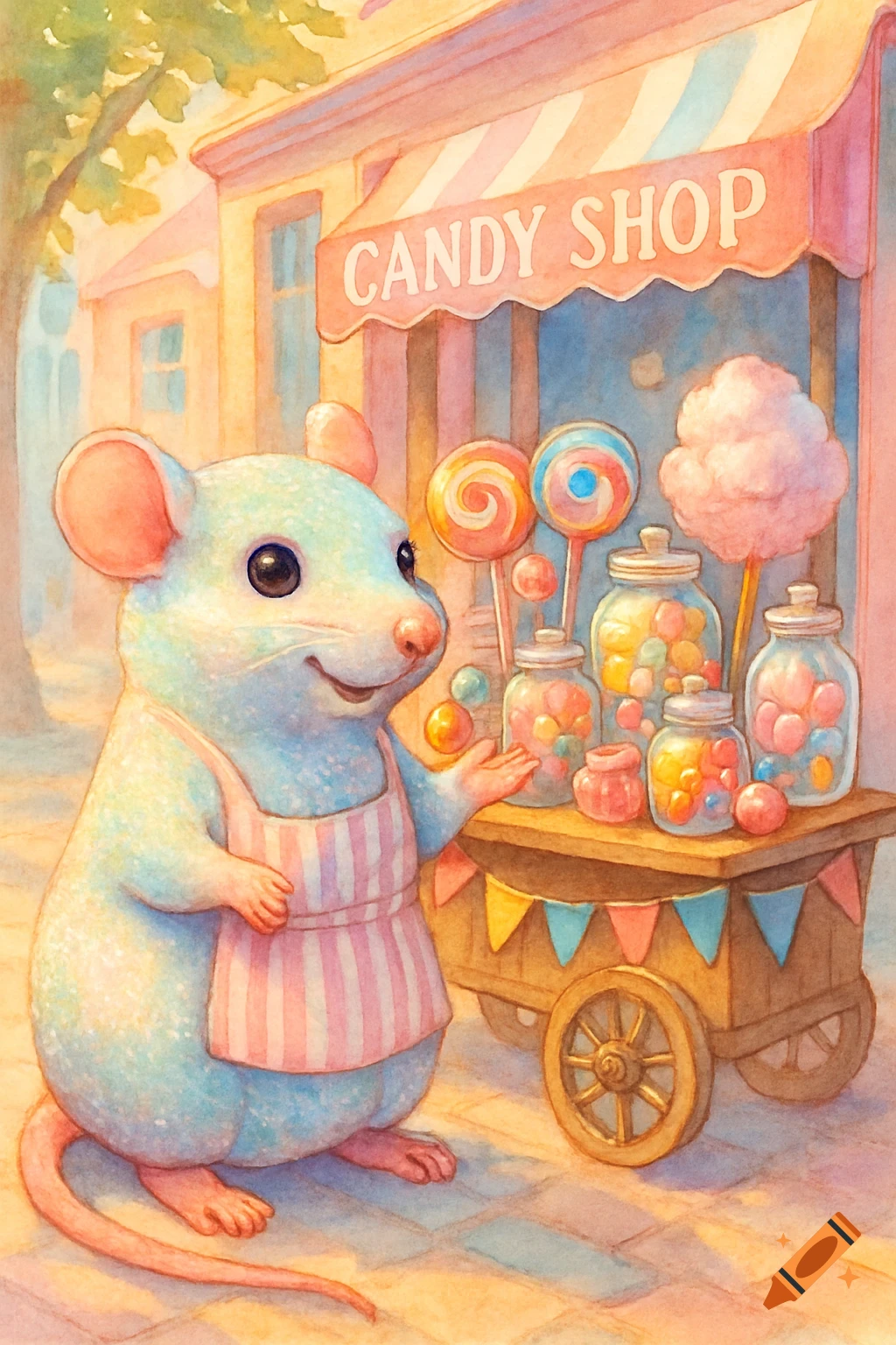 A cute light blue mouse wearing a pink striped apron sells candy from a cart in front of a candy shop, in a watercolor style.