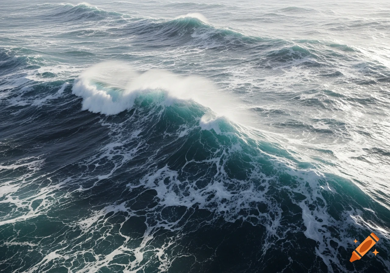 An aerial view of dark blue-green ocean waves with whitecaps and sea spray, suggesting a wild and stormy sea.